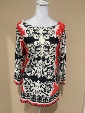 Women's Coral Black & White Printed Tunic Blouse